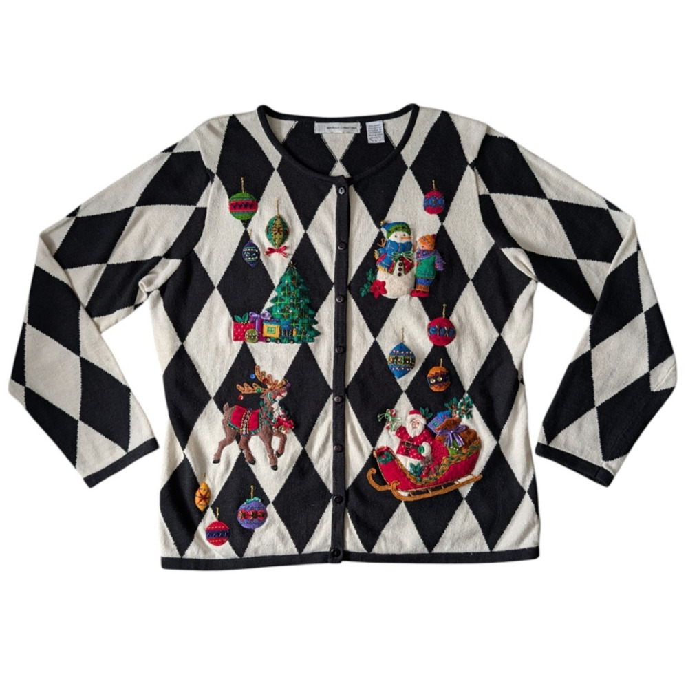 Marisa Christina Black White Checkered Christmas Sweater Size Large Argyle